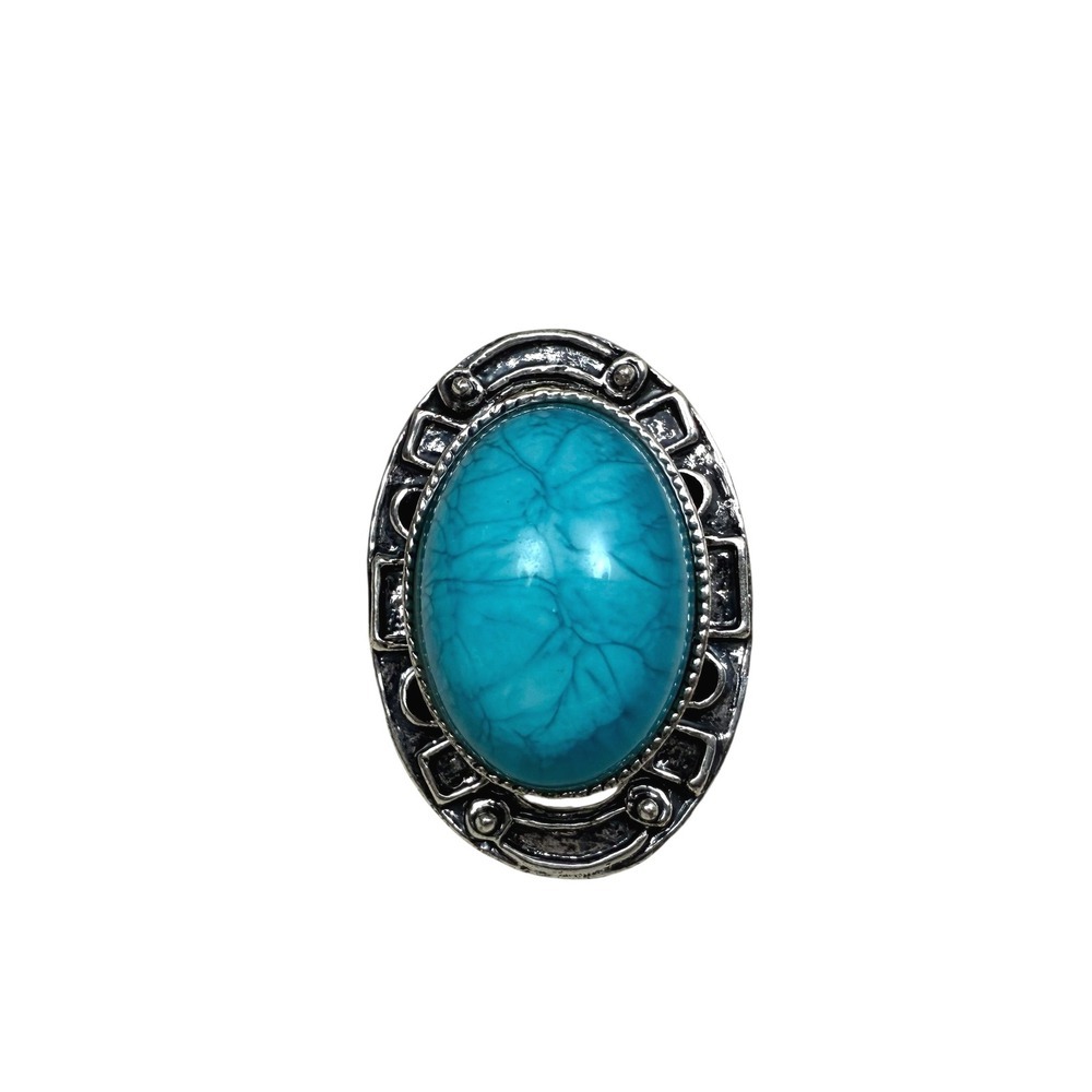 Turquoise Cabochon Ring Boho Statement Ring Adjustable Silver Tone Band Size 7.5